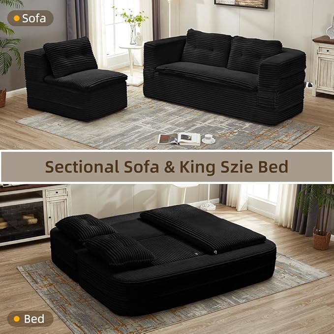 80-inch Folding futon Sofa Bed Full-Size Convertible Sleeper Couch Bed Memory Sponge Double Sofa with Comfortable Mattress Suitable for Living Room (Black Sofa Set 80'' inches+blanket)