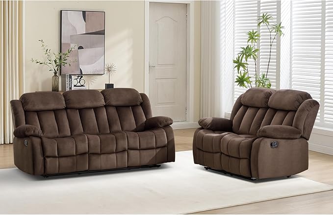 EBELLO Manual Reclining Sofa Set Classic 5-Seater Furniture Set with Overstuffed Arms and Backrest Include 1 Loveseat Couch and 1 3- Seat Sofa Brown