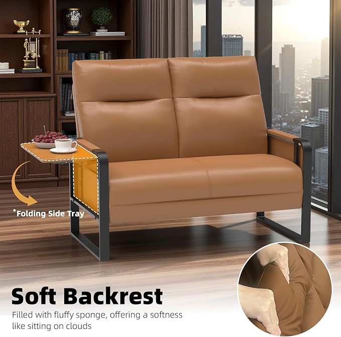 Modern Leather Loveseat Small Sofa with Side Tray &amp Pocket Upholstered Mini Couch for Living Room Office Guest Room Brown