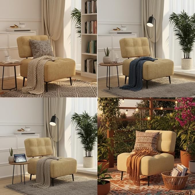 EROMMY Accent Chair Armless Mid Century Modern Chair with Thick Cushion &amp Metal Legs Polyester Leisure Chair Comfy Side Corner Chairs for Living Room Bedroom Study Room Entryway (Yellow)