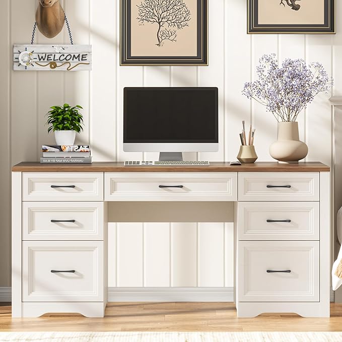 Vabches Farmhouse Executive Desk with File Drawer Home Office Desk with Ample Storage Rustic Office Desk with Spacious Tabletop for Work Brown