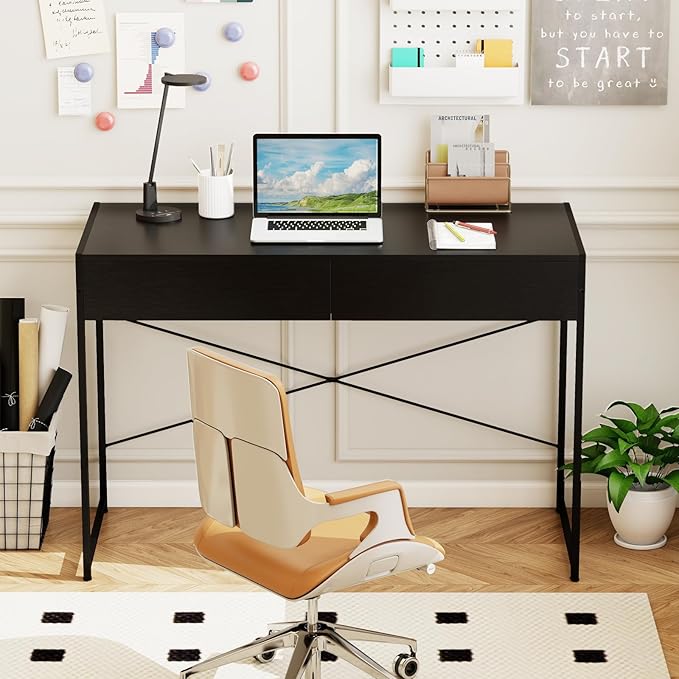 GOFLAME Modern 2-Drawer Computer Desk Home Office Desk w/Reinforced Heavy-Duty Metal Frame Versatile Study Writing Desk w/Anti-Tip Kit Ideal for Bedroom Study Office Small Spaces Black