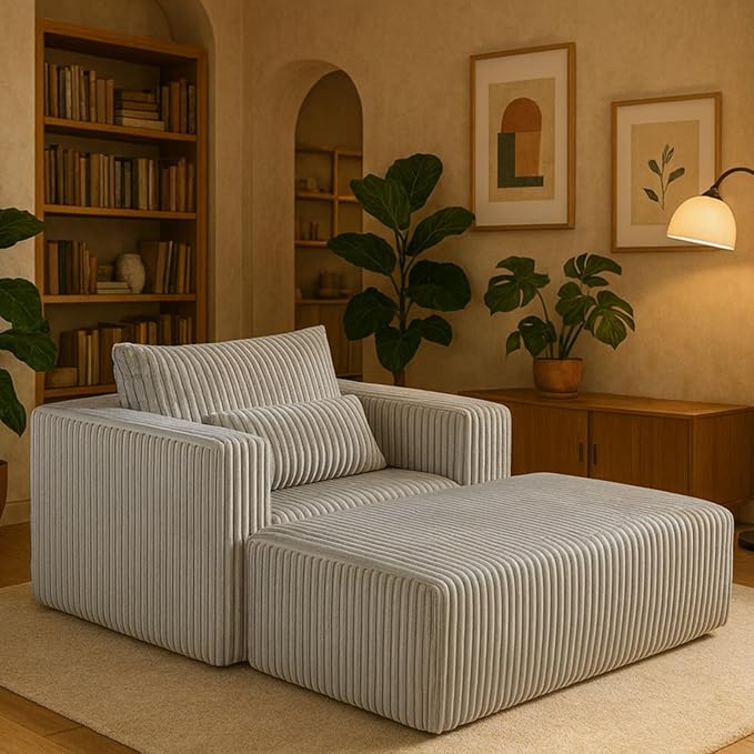 50.98'' Corduroy Boneless Couch with Square Armrests and 2 Cushions Modern Luxury Compressed Sofa Couch with Movable Ottoman No Assembly Required Living Room Apartment HotelSmoke Grey