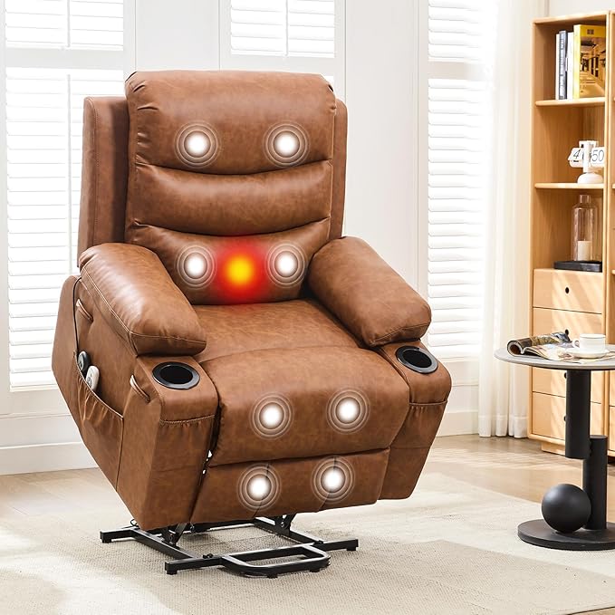 GarveeHome Power Lift Recliner Chair for Elderly Oversized Electric Lift Chair with Heat and Massage PU Leather Adjustable Recliner with Cup Holders &amp Side Pocket for Living Room Brown