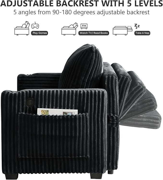 Hommoo Sleeper Sofa Couch with Pull Out Bed Convertible 3 in 1 Futon Lounge Sofa Small Love Seat for Living Room Apartment Comfy Corduroy Reclining Back with Cup Holder and USB Ports 53 Black