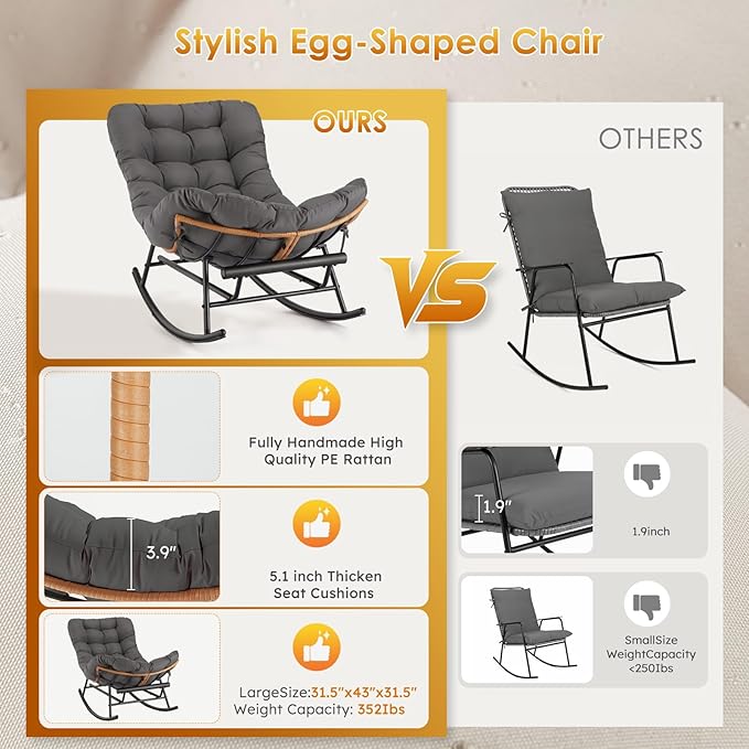 GAOMON Papasan Rocking Chair with Foot Rest Papasan Chair with Thick Removable Cushion and Metal Frame Lounge Chairs and PE Rattan Rocker for Patio Garden Lawn Living Room and Relaxation Space
