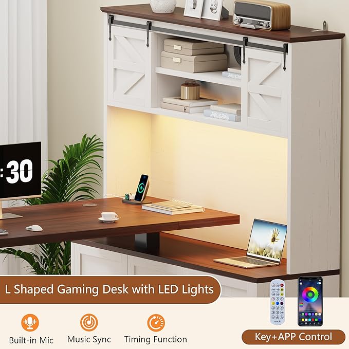 Farmhouse L Shaped Desk with Electric Height Adjustable 70.86 LED Gaming Desk w/Power Outlet Home Office Desk w/Storage Cabinet &amp Sliding Door Executive Desk w/File Drawer White &amp Brown