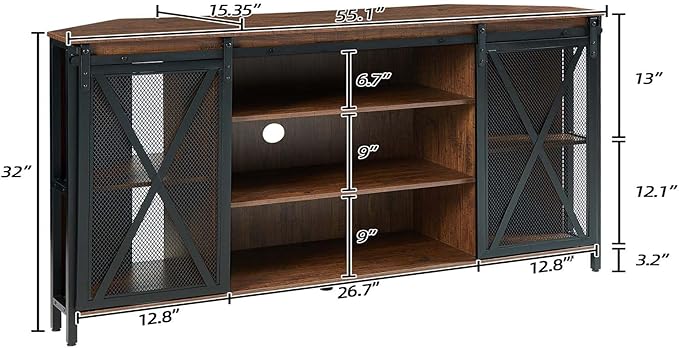 HOMISSUE Corner TV Stand for 55 Inch TV Rustic Corner Entertainment Center with Storage Industrial Media Console Table with Sliding Barn Door Tall TV Cabinets Center for Living Room Brown