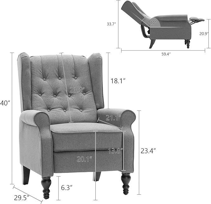 Recliner Wingback Chair Modern Linen Fabric Push Back Recliner Chairs Linen Fabric Single Sofa Lounge Chair Manual Recliner Chai for Adults Living Room Bedroom (Gray)