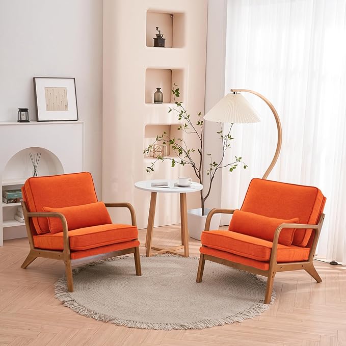Mid Century Modern Accent Chair for Living Room Upholstered Armchair with Solid Wood Frame Comfy Reading Boho Chair for Bedroom (Orange Set of 2)