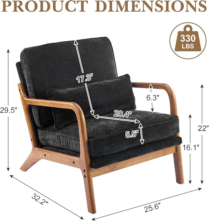 Karl home Mid Century Modern Accent Chair with Lumbar Pillow &amp Oak Arms – Plush Chenille Living Room Chair for Bedroom Lounge (Black)