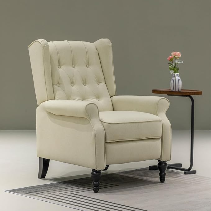 Recliner Wingback Chair Modern Linen Fabric Push Back Recliner Chairs Linen Fabric Single Sofa Lounge Chair Manual Recliner Chai for Adults Living Room Bedroom (Beige)