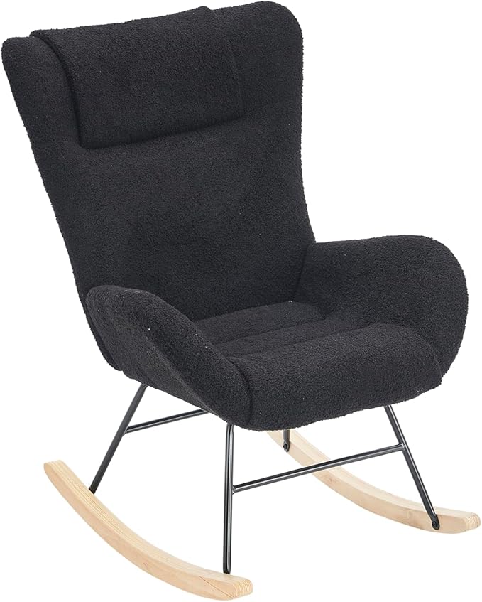 Generic Rocking Chair Nursery Solid Wood Legs Reading Chair with Fabric Upholstered Nap Armchair for Living Rooms Bedrooms Offices Best GiftBlack Fabric