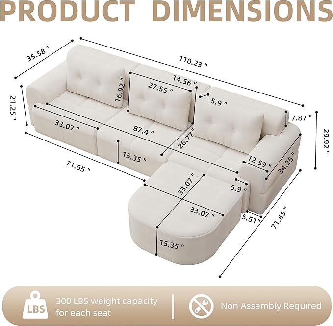 Boneless L-Shaped Modular Couch - 110 Inch Cloud Chenille Compression Sectional SofaNo Assembly Required Ideal for Apartments &amp Living RoomsBeige White