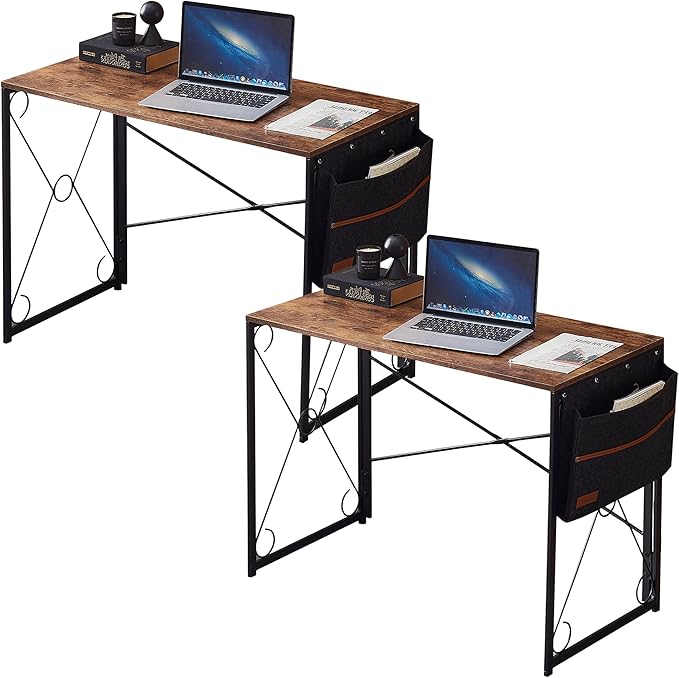 VECELO 39 Inch Folding Desk Simple Assembly Writing Computer Desk for Home Office Study Office Foldable Table for Small SpacesClassic Brown2 Set