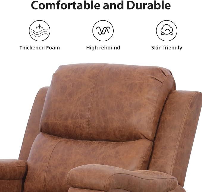 Brown Recliner Chair Single Overstuffed Sofa Recliners Breathable Faux Leather Manual Reclining Chairs with Hidden Cup Holder Arm and Back for Adults Living Room Bedroom Brown