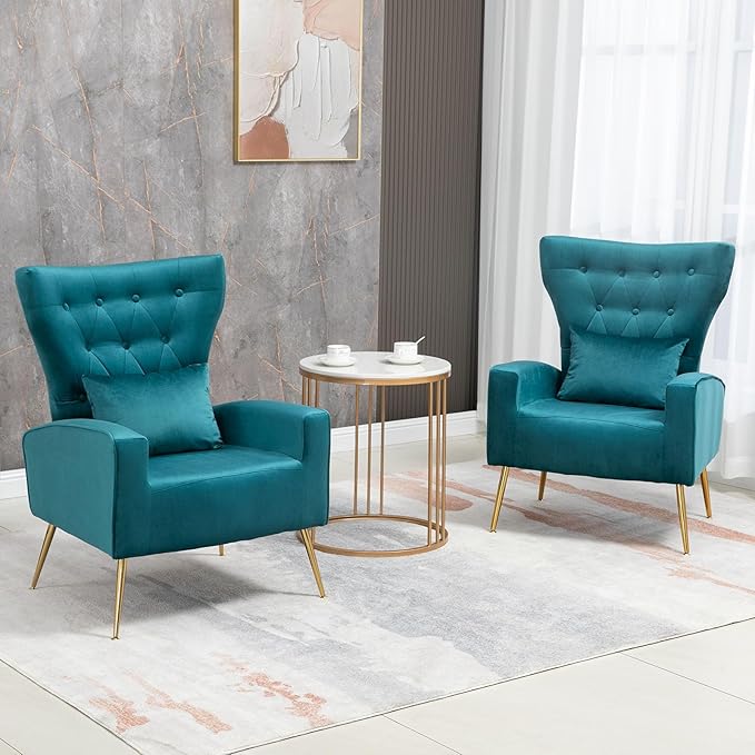 X-VOLSPORT Button-Tufted Velvet Accent Chairs Set of 2 Mid Century Modern Living Room Chair with High Wingback Upholstered Arm Chair with Metal Gold Legs for Bedroom Club Teal Blue