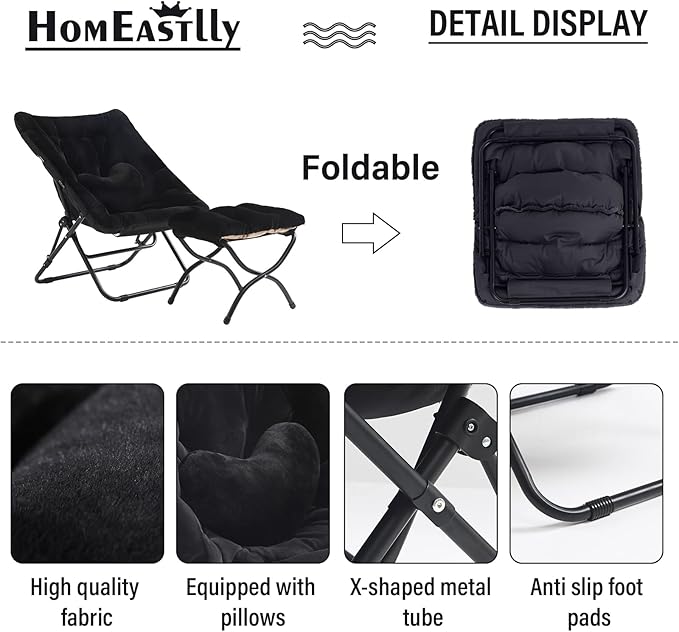 Comfy Saucer Chair with Ottoman Oversized Folding Faux Fur Chair Soft Furry Lazy Chair with Metal Frame Moon Chair Accent Chair for Bedroom Living Room Dorm Rooms Black