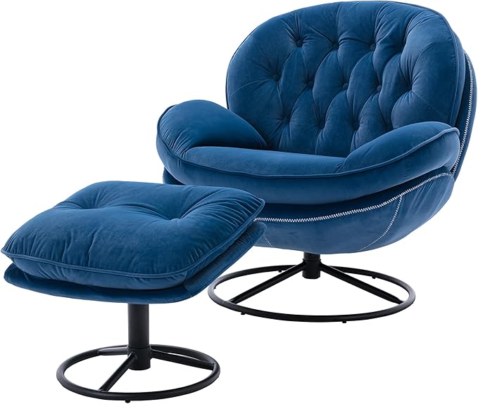 Velvet Accent Chair with Ottoman Comfy Armchair with Footrest Modern TV Chair Living Room Chair for Living Room Bedroom Home Office Metal Base Frame (360 Degree Swiveling Blue)