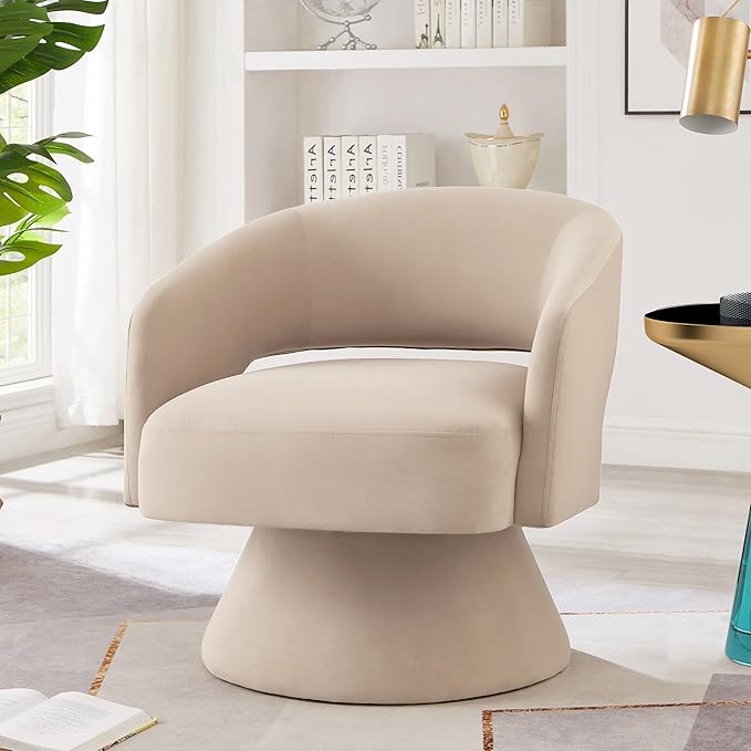 Swivel Barrel Chair Velvet Round Upholstered Accent ChairsLounge Chair with Open Backrest 360 Degree Comfy Single Sofa Dresser Chair for Living Room Hotel Bedroom Office (Beige)