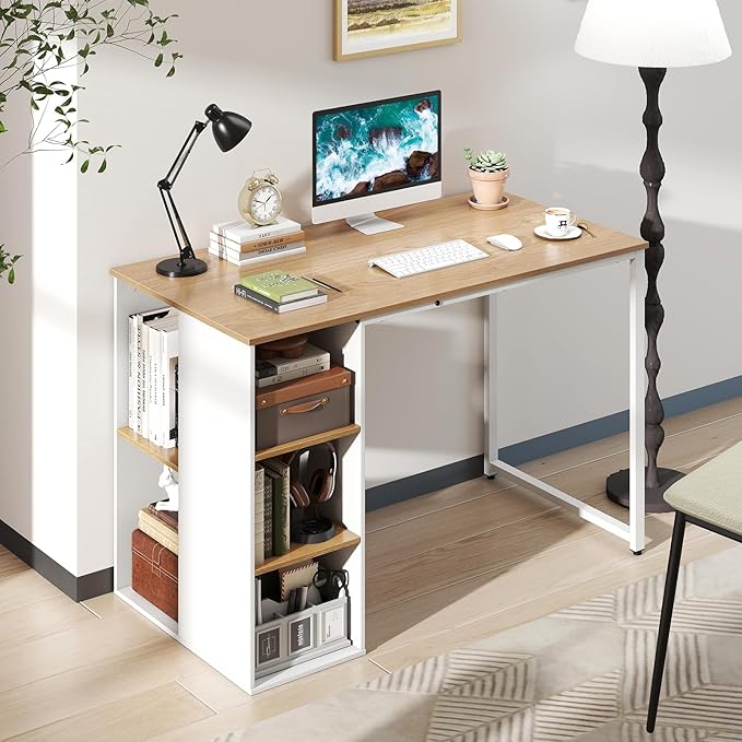 GOFLAME 45” Computer Desk Modern Home Office Desk with 5 Storage Compartments Multipurpose Writing Desk PC Workstation Laptop Desk with Heavy-Duty Metal Frame for Study Room Bedroom