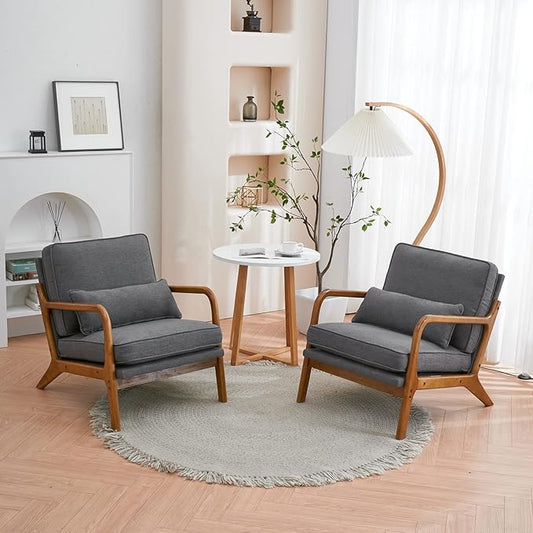 VINGLI Cozy Living Room Chairs Linen Dark Gray Accent Chairs Set of 2 Wood Lounge Chairs for Bedroom Comfy Mid Century Modern Armchair Upholstered Reading Side Chairs for Small Sp