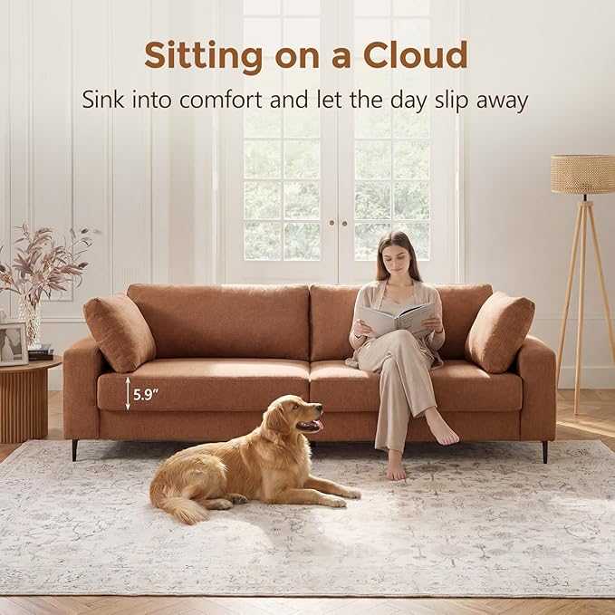 84.3 Modern Loveseat Sofa Comfy Couches with Spring Cushion Solid with Wood Frame 2 Pillows Included Mid Century Modern Design Home Sofa for Living Room Rust