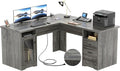 Unikito L Shaped Desk with Drawers 60 Inch Corner Computer Desks with USB Charging Port and Power Outlet Large 2 Person Home Office Table with File Cabinet Black Oak