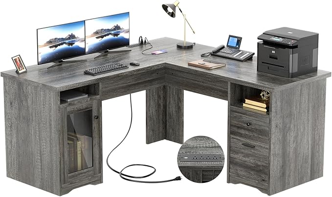 Unikito L Shaped Desk with Drawers 60 Inch Corner Computer Desks with USB Charging Port and Power Outlet Large 2 Person Home Office Table with File Cabinet Black Oak