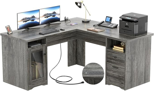 Unikito L Shaped Desk with Drawers 60 Inch Corner Computer Desks with USB Charging Port and Power Outlet Large 2 Person Home Office Table with File Cabinet Black Oak