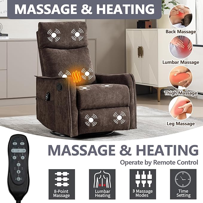 Massage Chair Recliner with Heat Swivel Rocking Chair Recliner with High Back Manual Nursery Recliners for AdultsSmall Recliner Chair for Small Spaces Living Room Bedroom Fabric (Dark Brown)
