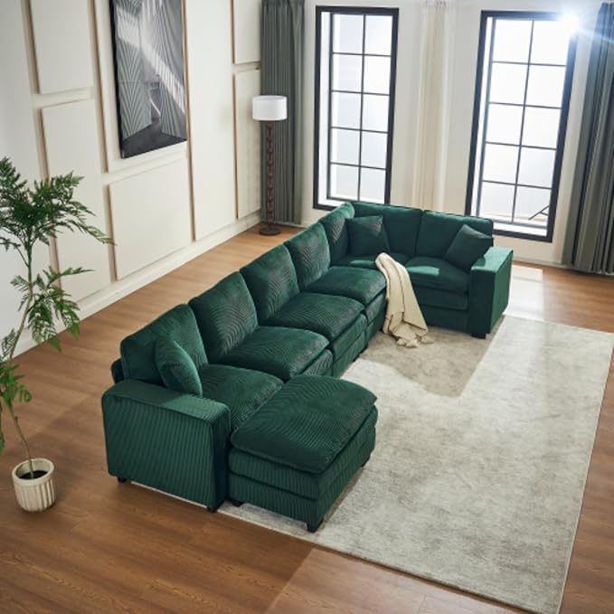 Modern U Shaped 6-seat Sectional Sofa Couch with one Ottoman and Three toss PillowsModular Sofa for Living RoomCorduroy Sofa (GreenCorduroy-7 Seat)