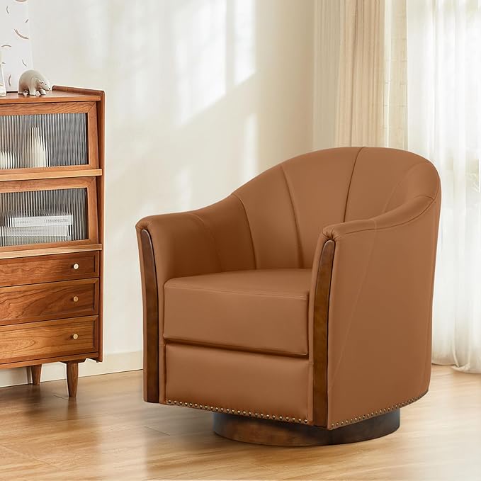 360° Swivel Accent Chair Modern Leather Barrel Club Chair with Leather Upholstery and Sturdy Wood Base Comfortable Armchair for Living Room Bedroom Reading Nook Brown