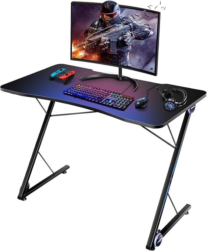 POWERSTONE Gaming Desk with Led Light - Z Shaped 43.5 inch Gaming Computer Desk Pc Gaming Table Home Office Desk Gamer Workstation with Carbon Fiber Surface