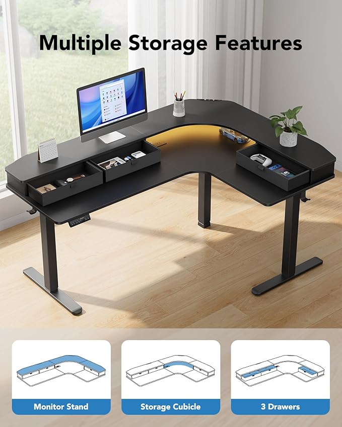 HUANUO 65″ L-Shaped Standing Desk with Power Outlets &amp LED Strip Electric Height Adjustable Corner Computer Desk Sit Stand Up Desk with 3 Drawers Black