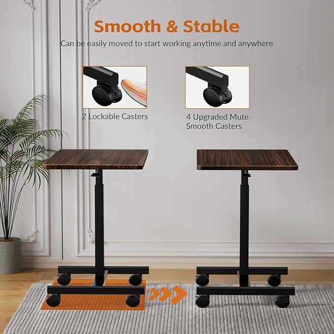 Mobile Small Standing Rolling Desk Adjustable Height Portable Laptop Desk on Wheels Computer Workstation for Home Office with HookRustic Brown