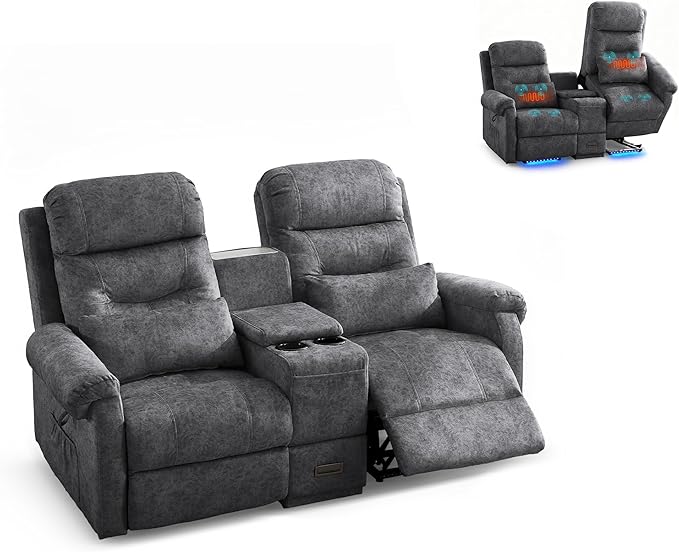 Power Lift Recliner Loveseat Sofa for Elderly Dual Motor Electric Recliner with Massage &amp Heat 2-Seater Velvet Couch with Independent Control Console Cup Holder &amp Power Outlet (Grey 69”)
