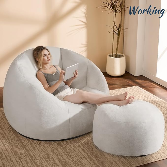 Oversized Fluffy Swivel Accent Chair with Ottoman 360 Degree Rotating Barrel Lounger Set Modern Cozy Reading Nook Chair with Footrest Plush Faux Fur Fabric &amp High-Density Memory Foam Beige