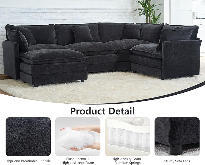 Modular Cloud Sectional Sofa Modern Chenille L Shaped Sectional Couch with Ottoman &amp Pillows 5 Seater Deep Seat Corner Couches for Living Room Apartment Office Black