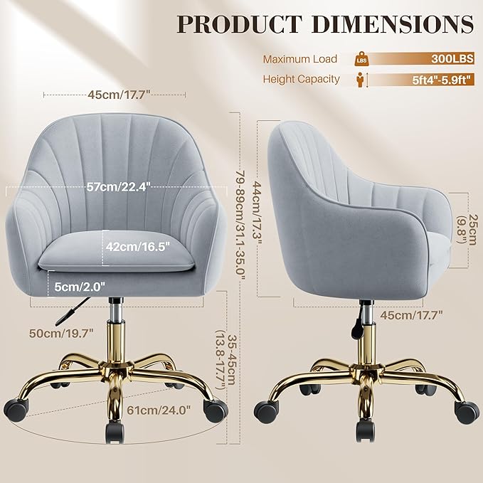Vanity Chair with Wheels Comfy Home Office Desk Chairs Adjustable Modern Velvet Makeup Vanity Chairs for Bedroom Living Room-Gray