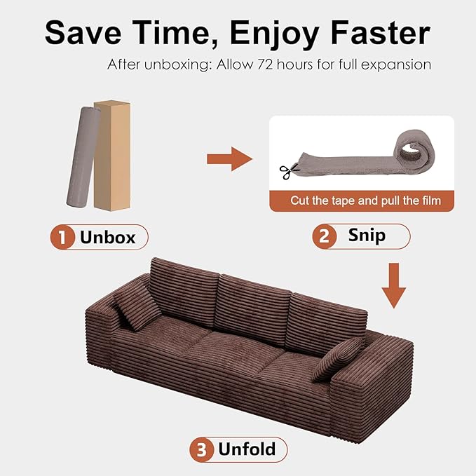 Corduroy Cloud Modular Sectional Couch Boneless Memory Foam Sectional Sofa Comfy L-Shaped Compression Couches with Chaise for Living Room No Assembly Required (Brown 3-Seater)