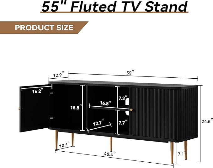ARTPOWER 55” Fluted TV Stand Mid Century Modern Black TV Stand for 55/60/65 inch TV Entertainment Center with Storage Television Stands TV Console Media Console for Living Room Bedroom (Black)