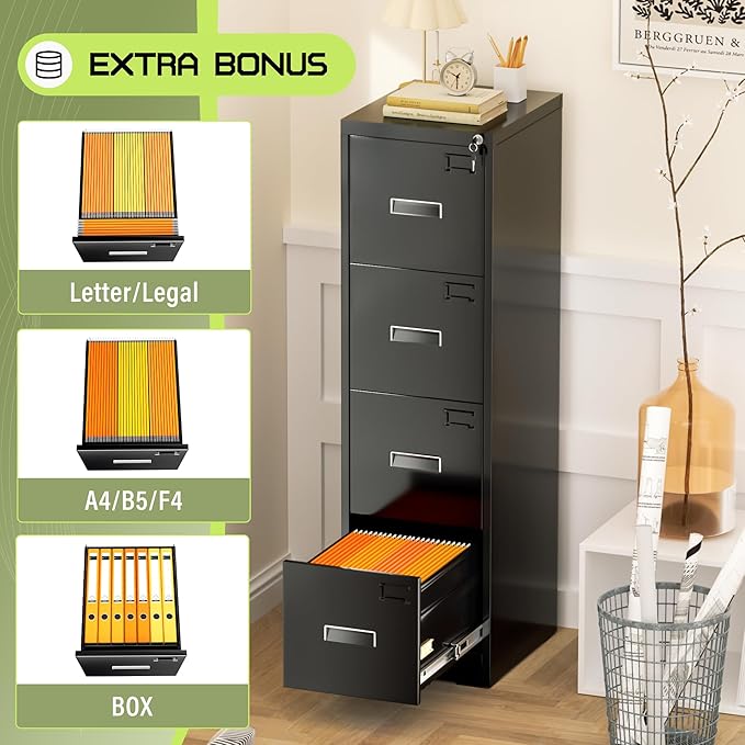 Incbruce 4 Drawer File Cabinet Metal File Storage Cabinet with Lock Vertical Filing Cabinet with Adjustable Hanging Frame for Home Office Easy Assemble (Black)