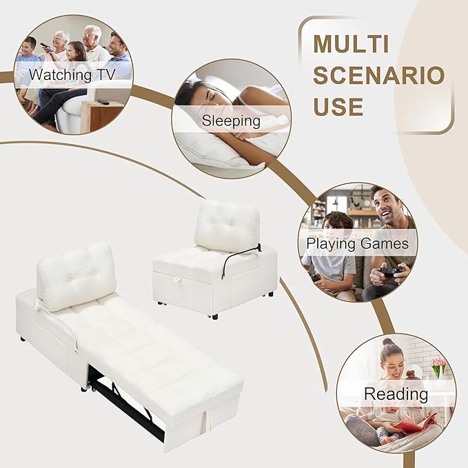 Modern Teddy Fabric Sofa Bed Futon3 in 1 Convertible Pullout Bed Couches with 3 Reclining BackrestsPhone StandSmall Sofa Single Sleeper Chair Bed for Living Room Bedroom (Beige)