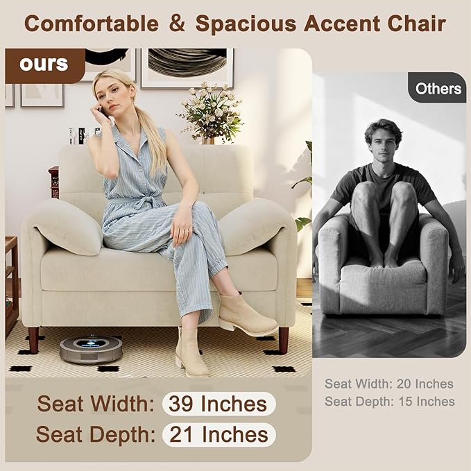 46'' W Oversized Chair Chenille Loveseat Sofa with Deep Seat Mid Century Modern Accent Chair for Living Room Upholstered Comfy Armchair for Bedroom Apartment Studio Office（1Pack Beige）