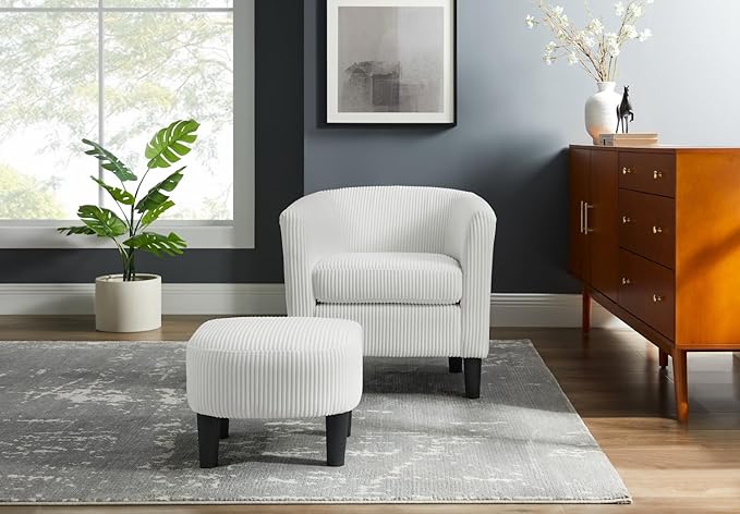 Modern Accent ChairUpholstered Arm Chair Linen Corduroy Single Sofa Chair with Ottoman Foot Rest Comfy Armchair for Living Room Bedroom and Office (White)