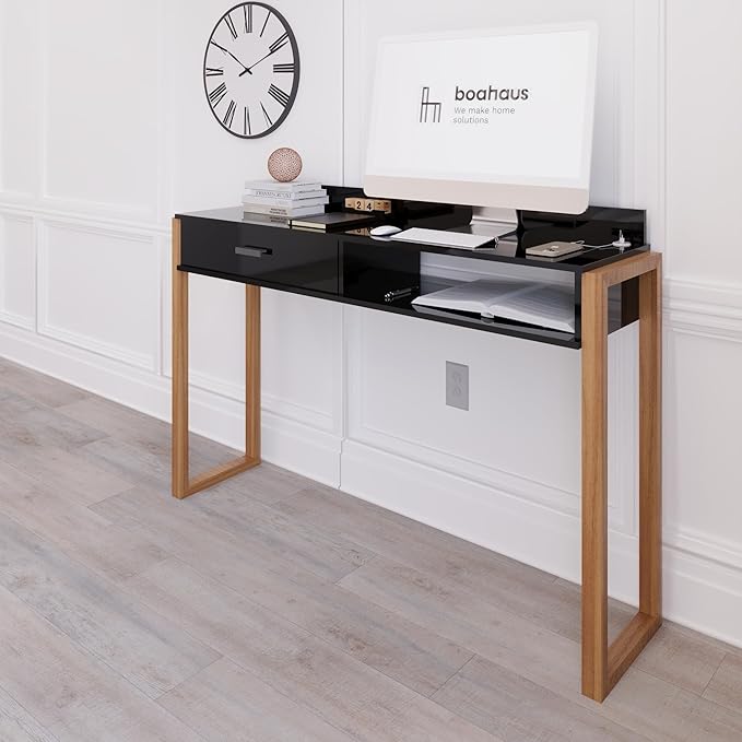 Boahaus Kettlewell Modern Black Computer Desk with USB Ports Large Drawer Open Shelf &amp Solid Wood Legs – Home Office Workstation