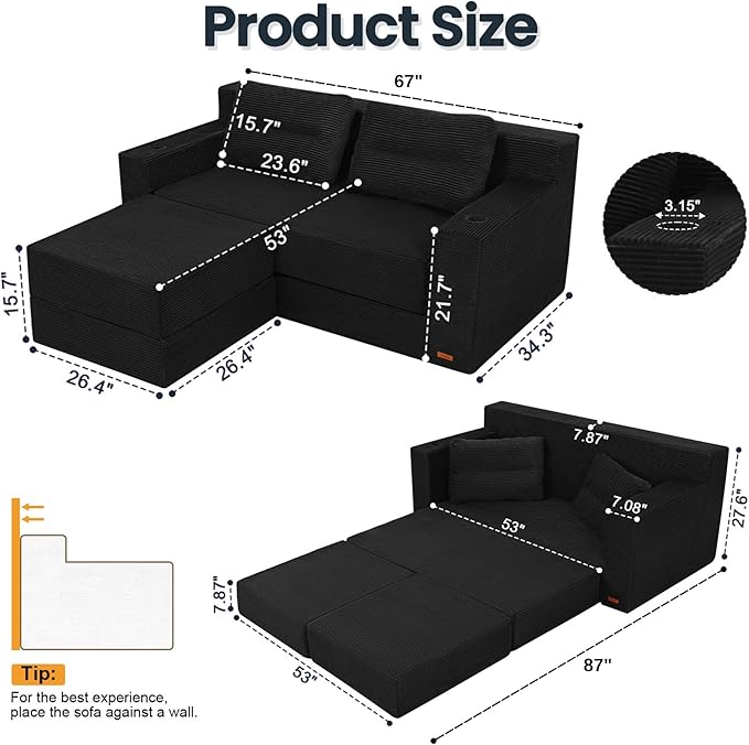 COMAX Futon Sofa Bed Boneless Loveseat Couch in A Box 67 L-Shaped Convertible Sofa Bed Corduroy for Living Room Fold Out Small Foldable Loveseat Foam with Movable Ottoman Floor Sleeper Black