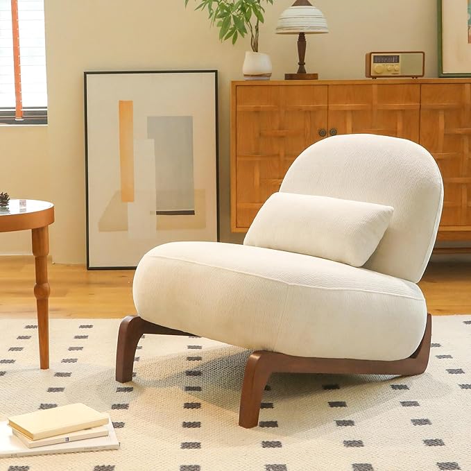HAZO Cute Accent Chair with Solid Wood Legs Velvet Living Room Chair with Soft Cushion Cozy Bedroom Chair Comfy Armless Reading Chair for Apartment Waiting Room Balcony (White)