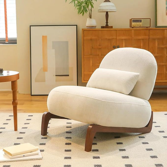 HAZO Cute Accent Chair with Solid Wood Legs Velvet Living Room Chair with Soft Cushion Cozy Bedroom Chair Comfy Armless Reading Chair for Apartment Waiting Room Balcony (White)